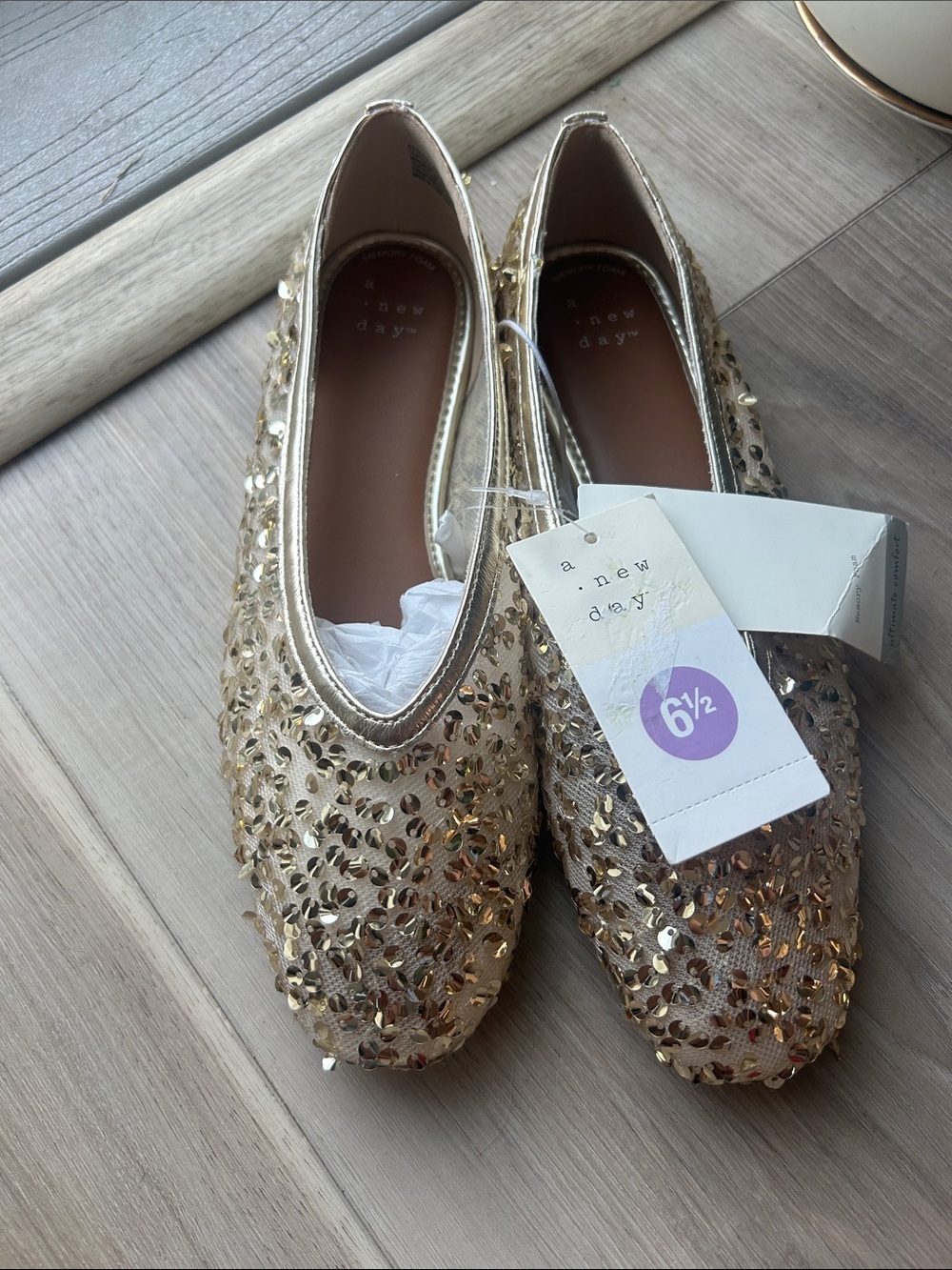 a new day Gold Sequin Women's Ballet Flats